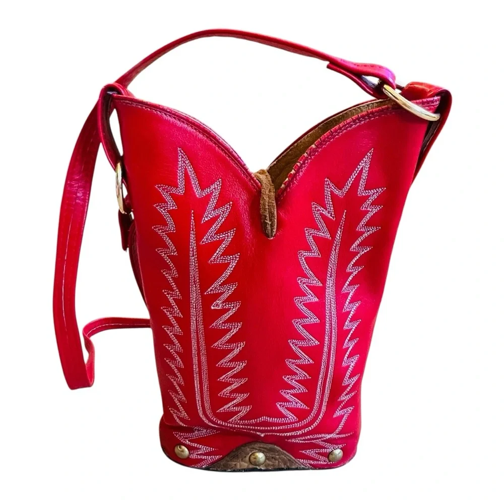 Vintage Women’s 80s Red Leather Cowboy Boot Shoulder Crossbody Bag Western - Picture 5 of 10